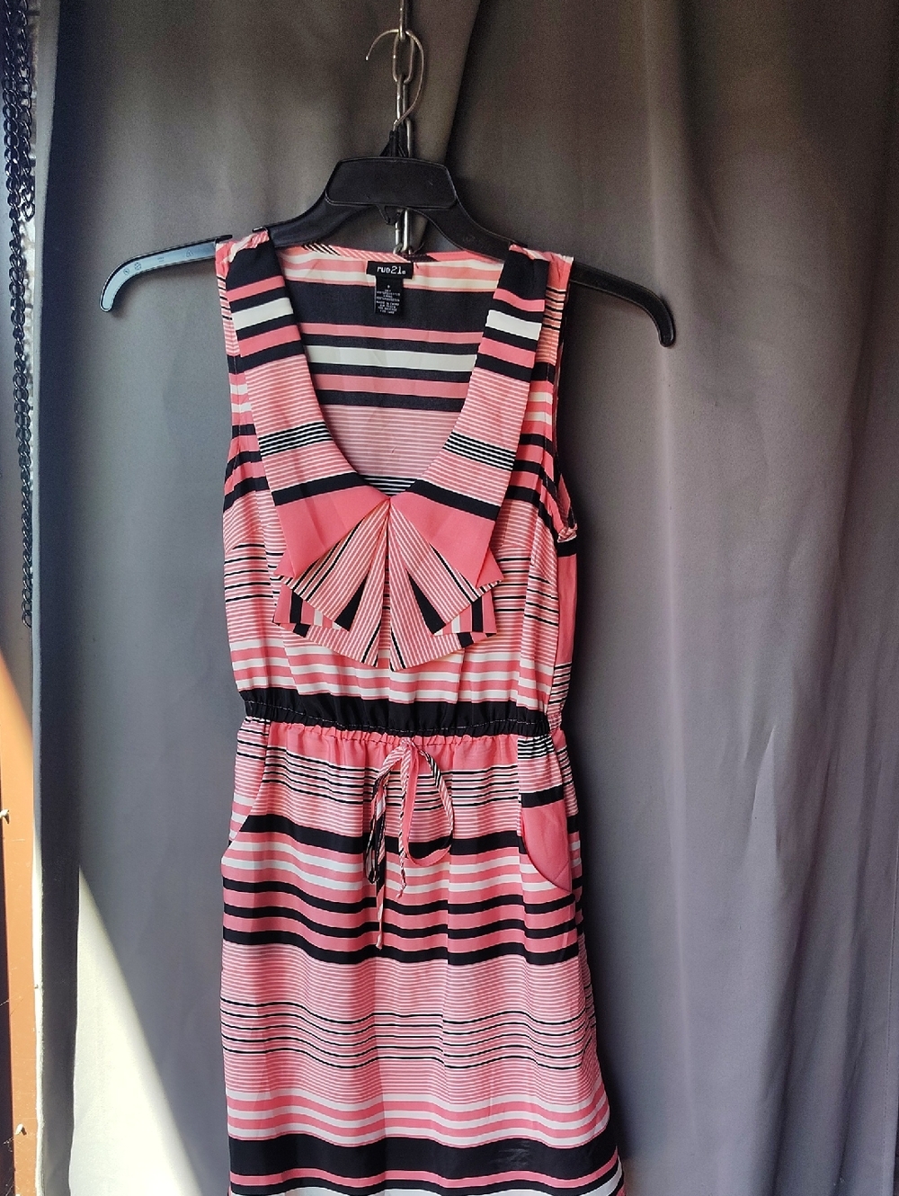 Rue21 Pink‎ Black Striped Sleeveless Mini Dress Bow Neck Elastic Waist Small